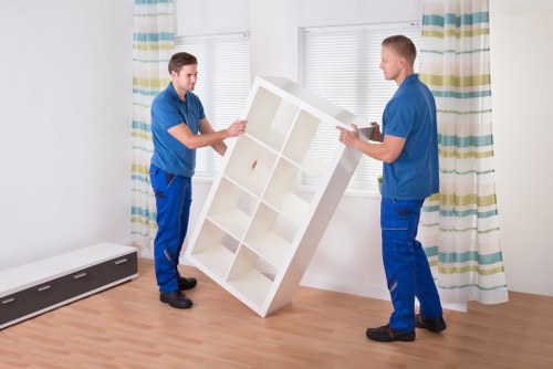 Mover carrying a box down stairs during a house move